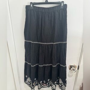 JW Los Angeles Black Tiered Maxi Skirt with Embroidered Hem